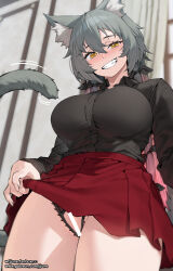1girl animal_ear_fluff animal_ears bar_censor black_pantyhose black_ribbon black_shirt blush breasts cat_ears cat_girl cat_tail censored clothes_lift collared_shirt commentary commission cowboy_shot crotchless crotchless_panties fanbox_username gradient_hair grey_hair grin hair_between_eyes hair_ribbon highres jjune large_breasts lingerie long_hair looking_at_viewer low_twintails multicolored_hair open_mouth original panties pantyhose patreon_username pink_hair pixiv_commission pleated_skirt red_skirt ribbon shirt skirt skirt_lift smile solo tail teeth thighs twintails underwear yellow_eyes
