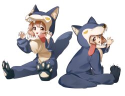 Rule 34 | 1girl, :d, animal costume, animal ear fluff, animal ears, animal hands, brown eyes, brown hair, claw pose, cosplay, diamond mouth, dot nose, fake claws, from side, hands up, highres, hood, hood up, invisible floor, keibi inu, kigurumi, long sleeves, looking at viewer, multiple views, ogawa kokoro, oomuro-ke, open mouth, paw shoes, simple background, sitting, smile, solo, tail, teeth, white background, wolf costume, wolf tail, yuruyuri