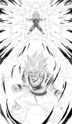 Rule 34 | 2boys, aura, bodysuit, clenched hands, cowboy shot, dougi, dragon ball, dragonball z, highres, male focus, mkmochimochi, monochrome, multiple boys, muscular, muscular male, shirt, sketch, son goku, spiked hair, super saiyan, super saiyan 2, torn clothes, torn shirt, vegeta