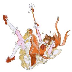 1girl brown_hair cardcaptor_sakura dress ennonzi falling frilled_dress frills gloves green_eyes happy hat hat_ribbon holding holding_wand kinomoto_sakura magical_girl open_mouth orange_dress ribbon shoes socks wand white_background white_gloves white_socks