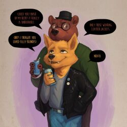 2boys angus_delaney animal_ears bear_boy bear_ears beer_can black_hat black_jacket blue_pants can claws closed_mouth commentary denim drink_can english_commentary english_text fangs fox_boy fox_ears furry furry_male green_sweater gregg_lee grey_shirt hand_in_another&#039;s_pocket hand_in_pocket hat highres holding holding_can jacket jeans leather leather_jacket looking_at_another looking_to_the_side male_focus multiple_boys night_in_the_woods pants round_eyewear rov shirt smile speech_bubble sweater tongue tongue_out top_hat white_shirt yaoi