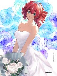 1girl bare_shoulders blush bouquet breasts bride cleavage dark-skinned_female dark_skin dress female_focus flower green_eyes gundam gundam_suisei_no_majo hair_between_eyes happy highres holding holding_bouquet large_breasts mizuno374 open_mouth red_hair strapless strapless_dress suletta_mercury tan thick_eyebrows tiara wedding_dress white_dress white_flower