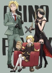 1girl 2boys absurdres anya_(spy_x_family) anya_(spy_x_family)_(cosplay) araragi_koyomi bag bare_shoulders black_choker black_dress black_hair black_shoes black_thighhighs blonde_hair blush bunoshii choker collarbone collared_shirt cosplay crossdressing dagger dress dress_pants dual_wielding earrings eden_academy_school_uniform elbow_rest embarrassed facial_hair flower formal_clothes full_body gold_earrings gold_hairband green_jacket green_pants green_suit gun hair_flower hair_ornament hairband hand_on_own_cheek hand_on_own_face head_rest highres holding holding_bag holding_dagger holding_gun holding_knife holding_weapon horn_ornament horns jacket jewelry knife long_hair looking_at_viewer monogatari_(series) multiple_boys neck_ribbon necktie oshino_meme oshino_shinobu pants pantyhose red_necktie ribbon rose school_uniform shirt shoes short_hair sitting sleeveless sleeveless_dress smug spy_x_family suit thighhighs twilight_(spy_x_family) twilight_(spy_x_family)_(cosplay) weapon white_pantyhose white_shirt yellow_eyes yor_briar yor_briar_(cosplay) zettai_ryouiki