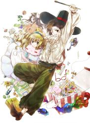 1boy 2girls :d aircraft aya_(aibou1725) bad_id bad_pixiv_id blonde_hair board_game book brown_hair crayon unworn_eyewear glasses green_eyes hairband hat helicopter highres multiple_girls one_eye_closed open_mouth original smile spinning_top stuffed_animal stuffed_toy toy toy_car toybox wand wink