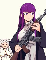 2girls :3 =_= absurdres ak-47 anachronism assault_rifle black_coat capelet coat dress fern_(sousou_no_frieren) frieren grey_hair gun highres holding holding_gun holding_weapon kalashnikov_rifle long_hair long_sleeves multiple_girls notice_lines parted_lips purple_eyes purple_hair raichiyo33 rifle simple_background sousou_no_frieren sparkle standing trembling twintails weapon white_background white_capelet white_dress wide_sleeves