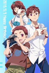 1boy 3boys :d age_progression blue_bow bob_cut bow breast_pocket chest_bow child chuo_tanegashima_high_school_uniform closed_mouth collarbone collared_shirt crossdressing crossdressing_(mtf) hair_between_eyes hair_ornament hand_on_own_hip happy_birthday holding holding_tablet_pc ikuhashi_muiko looking_at_viewer male_focus multiple_boys open_collar open_mouth pants pleated_skirt pocket red_eyes red_hair red_shirt red_undershirt robotics;notes sailor_collar school_uniform shiny_eyes shirt short_hair short_sleeves skirt smile smug t-shirt tablet_pc teeth tongue upper_teeth_only very_short_hair white_shirt yashio_kaito