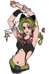 1girl arms_up black_hair braid bug butterfly clothing_cutout double_bun fu_r_y green_eyes green_hair green_lips hair_bun insect jojo_no_kimyou_na_bouken kuujou_jolyne magatama_buckle midriff multicolored_hair navel_cutout solo spider_web_print stone_ocean string two-tone_hair unraveling
