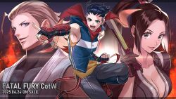 1girl 2boys andy_bogard bare_shoulders black_gloves black_jacket black_undershirt blonde_hair blue_eyes blue_hair breasts brown_eyes brown_hair cleavage closed_mouth commentary copyright_name fatal_fury fatal_fury:_city_of_the_wolves feet_out_of_frame fingerless_gloves gloves grey_pants hair_ornament hair_slicked_back hand_fan high_ponytail highres hokutomaru holding holding_fan jacket large_breasts lips long_hair looking_at_viewer multiple_boys ninja official_art open_mouth outstretched_arm pants parted_bangs parted_lips pink_lips pointing pointing_forward ponytail promotional_art red_scarf scarf shiranui_mai shirt short_hair sleeveless sleeveless_shirt smile snk the_king_of_fighters turtleneck turtleneck_shirt upper_body zipper