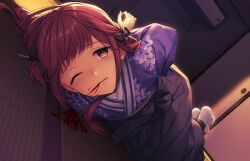 1boy blood blood_from_mouth bound game_cg hakama highres japanese_clothes kaguyuzu kimono long_hair looking_at_viewer lying nie_no_hakoniwa non-web_source on_side one_eye_closed purple_kimono red_hair rope saegusa_touka solo tied_up_(nonsexual) trap twilight wince