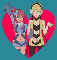 Rule 34 | 2girls, :d, arm up, black pantyhose, blonde hair, blue eyes, blue jacket, blue shorts, blunt bangs, closed mouth, collarbone, commentary request, crop top, cropped jacket, elesa (pokemon), eyelashes, gloves, hair between eyes, hand up, happy, heart, jacket, locked arms, midriff, multiple girls, navel, nintendo, open mouth, pantyhose, pao cha n, pokemon, pokemon bw, red hair, short hair, short shorts, shorts, sidelocks, skyla (pokemon), smile, teeth, upper teeth only, w, yuri