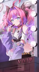 Rule 34 | 1girl, absurdres, ahoge, analog clock, applying lipstick, applying makeup, black bow, black bra, black choker, blue eyes, bow, bra, bra over clothes, breasts, center-flap bangs, character name, choker, clock, closed mouth, clothing cutout, colored tips, commentary, cosmetics, cowboy shot, cropped shirt, cross-shaped pupils, double-parted bangs, drawer, hair bow, hair intakes, highres, holding, holding lipstick tube, hololive, hololive dev is, huge ahoge, kikirara vivi, light bulb, lipstick, lipstick tube, long hair, looking at viewer, makeup, medium breasts, mirror, multicolored hair, navel, pink hair, ppot, purple arm warmers, purple hair, reflection, shirt, shoulder cutout, solo, standing, stomach, symbol-shaped pupils, twintails, two-tone hair, underwear, virtual youtuber, white shirt