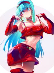 Rule 34 | 1girl, blue eyes, blue hair, boots, bra (dragon ball), breasts, bridal gauntlets, choker, dragon ball, dragon ball gt, earrings, gloves, hairband, highres, jewelry, large breasts, long hair, looking at viewer, ommmyoh, red bridal gauntlets, red hairband, simple background, skirt