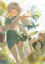 2girls absurdres bag balloon black_sailor_collar black_skirt bow bowtie brown_bag bush buttons collared_shirt double-breasted fence firefly_(honkai:_star_rail) firefly_(spring_missive)_(honkai:_star_rail) flower gradient_hair green_bow green_bowtie green_pupils green_sailor_collar green_skirt green_sleeve_cuffs handbag highres holding holding_bag honkai:_star_rail honkai_(series) long_sleeves multicolored_eyes multicolored_hair multiple_girls open_mouth sailor_collar shirt sitting skirt smile stelle_(honkai:_star_rail) teeth thighhighs trailblazer_(honkai:_star_rail) two-tone_eyes upper_teeth_only white_shirt white_sleeves white_thighhighs yellow_eyes yi_(saver5607)