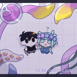 Rule 34 | 2boys, 3girls, ?, basil (headspace) (omori), basil (omori), black eyes, black hair, black tank top, blue overalls, blush, chibi, flower, green eyes, green hair, green shirt, head wreath, holding, holding knife, knife, marina (omori), medusa (omori), molly (omori), multiple boys, multiple girls, omori, omori (omori), open mouth, overalls, shirt, short hair, short sleeves, smile, sr ld fr, tank top, tentacles, triangle mouth