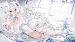 1girl absurdres blue_flower blue_ribbon blush breasts bridal_veil cleavage_cutout clothing_cutout cross-laced_clothes curtains detached_sleeves dragon_girl dragon_horns dress flower gurami_(zangizarang) hair_ornament high_heels highres horns leotard letter long_hair looking_at_viewer lying mole mole_on_breast pillow pink_eyes ribbon smile solo thighhighs veil virtual_youtuber white_dress white_hair window wings