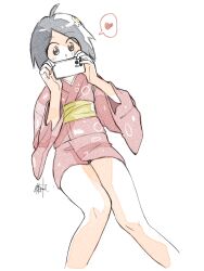 Rule 34 | 1girl, ahoge, animal print, araragi tsukihi, artist name, black hair, blush, bob cut, breasts, brown eyes, cellphone, commentary, egg hair ornament, feet out of frame, fish print, food-themed hair ornament, fried egg, hair ornament, heart, holding, holding phone, japanese clothes, kikumaru bunta, kimono, knees together feet apart, long sleeves, looking at object, monogatari (series), no sclera, obi, phone, pink kimono, print kimono, sash, short hair, short kimono, signature, simple background, small breasts, smartphone, solo, spoken heart, swept bangs, white background, wide sleeves, yellow sash