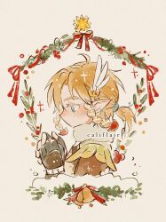 1boy artist_name bell blonde_hair blue_eyes califlair christmas christmas_ornaments earrings feather_hair_ornament feathers fingerless_gloves gloves hair_between_eyes hair_ornament hair_tie jewelry low_ponytail male_focus nintendo own_hands_together pointy_ears ponytail portrait profile red_ribbon ribbon sidelocks solo the_legend_of_zelda the_legend_of_zelda:_breath_of_the_wild