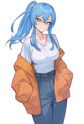 1girl absurdres blue_hair blush breasts closed_mouth coat collarbone crossed_bangs denim double-parted_bangs green_eyes highres jeans large_breasts long_hair long_sleeves mole mole_under_eye nokaa_aru orange_coat original pants ponytail shirt smile solo t-shirt white_shirt