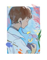 1boy border brown_hair closed_eyes closed_mouth collared_shirt commentary coral digital_media_player earphones elt-reslenn facing_away fish from_side highres ikari_shinji male_focus neon_genesis_evangelion seaweed shirt short_hair smile solo submerged symbol-only_commentary upper_body white_border white_shirt