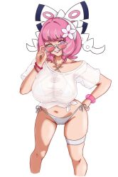 1girl adjusting_eyewear arched_back bikini bow collarbone drill_hair eyeshadow flipped_hair grin hair_bow hairband hal_san hand_on_own_hip hand_up highres klara_(pokemon) makeup midriff mole mole_under_mouth navel nintendo one_eye_closed orange-tinted_eyewear pink_eyeshadow pink_hair pink_lips pokemon pokemon_swsh purple_eyes see-through_clothes see-through_shirt shirt short_hair short_sleeves smile solo sunglasses swimsuit thigh_strap tinted_eyewear twin_drills white-framed_eyewear white_bikini white_bow white_hairband white_shirt