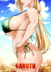 1girl absurdres ass bare_shoulders bikini blonde_hair breasts cloud copyright_name covered_erect_nipples cowboy_shot eyes_out_of_frame facial_mark from_side green_bikini hands_on_own_hips head_out_of_frame highres konohagakure_symbol large_breasts long_hair looking_at_viewer low_twintails mountainous_horizon nail_polish naruto naruto_(series) red_nails saburo_des side-tie_bikini_bottom sideboob sky swimsuit tsunade_(naruto) twintails twitter_username underboob