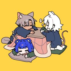 3girls :3 animal_ear_fluff animal_ears arms_on_table arms_up bear_ears bear_girl big_head black_hair black_streaks black_tail blue_hair blue_robe blue_shirt blunt_bangs blunt_sidelocks cat_ears cat_girl cat_tail center-flap_bangs chibi chibi_only closed_eyes closed_mouth commentary cup curled_tail curtained_hair dark-skinned_female dark_skin drinking drooling ear_piercing english_commentary extra_ears eyebrows_hidden_by_hair fang flipped_hair from_side green_shirt grey_hair grey_tail gris_(vertigris) hair_flaps hair_intakes hair_over_one_eye head_on_pillow head_rest highres holding holding_cup invisible_floor kara_(vertigris) kotatsu leaning_forward leaning_on_table legs_together light_blush long_sleeves lying mouse_ears mouse_girl mouse_tail mouth_drool mug multicolored_hair multiple_girls multiple_piercings on_pillow on_stomach open_mouth original parted_bangs perl_(vertigris) piercing pillow pink_tail raised_eyebrows raised_inner_eyebrows relaxing robe seiza shirt short_hair sidelocks simple_background sitting sleeping socks sound_effects steam streaked_hair striped_blush table tail tail_raised two-tone_hair two-tone_tail under_kotatsu under_table vertigris white_hair white_socks wide_sleeves yellow_background zzz