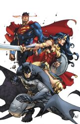1girl 2boys armlet batman black_cape black_hair blue_bodysuit bodysuit cape circlet dc_comics golden_armlet grey_bodysuit holding holding_shield holding_sword holding_weapon jewelry joe_madureira long_hair multiple_boys red_cape shield short_hair simple_background superman sword vambraces weapon white_background wonder_woman