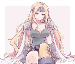 1girl armor asymmetrical_legwear asymmetrical_sleeves belt blonde_hair blue_eyes blue_footwear border bracer breasts brown_belt cape celes_chere cleavage closed_mouth collarbone commentary_request detached_sleeves earrings final_fantasy final_fantasy_dimensions_ii final_fantasy_vi green_leotard hair_ornament headband lace-up_sleeves lace-up_thighhighs large_breasts leotard long_bangs long_hair looking_at_viewer pan_ff6 parted_bangs shoulder_armor sitting solo teardrop_earring teardrop_earrings white_border white_cape