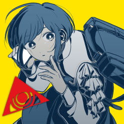 Rule 34 | 1girl, backpack, bag, cellphone, commentary request, eye of providence, frilled shirt, frilled sleeves, frills, fukurai azami, hands up, high contrast, highres, holding, holding phone, kiri (2htkz), limited palette, long sleeves, looking at viewer, phone, puffy long sleeves, puffy sleeves, shirt, short hair, simple background, smartphone, solo, toshi densetsu kaitai center, yellow background