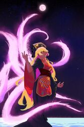 1girl alt_text black_dress black_hat black_nails blonde_hair breasts chinese_clothes commentary crescent_print dalachi_(headdress) dress energy energy_tail english_commentary fingernails fox_tail hat highres junko_(touhou) long_fingernails long_hair long_sleeves multiple_tails neck_ribbon open_mouth paramonublado phoenix_print red_eyes red_tabard ribbon solo space star_(sky) tabard tail touhou wide_sleeves yellow_ribbon