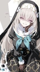 1girl absurdres blue_archive brown_gloves brown_hair closed_eyes gloves green_neckerchief hair_between_eyes halo hand_on_own_chin highres lamser long_hair neckerchief nun sakurako_(blue_archive) school_uniform smile solo yellow_halo