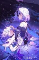2girls armor bandaged_arm bandages castorice_(honkai:_star_rail) closed_eyes eye_mask highres honkai:_star_rail honkai_(series) lying meirong multiple_girls pointy_ears polyxia_(honkai:_star_rail) purple_hair teeth tiara white_armor