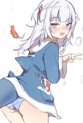 1girl :d ass blue_eyes blue_hair blue_hoodie blue_panties blush cowboy_shot ebi-chan_(gawr_gura) fins fish_tail from_behind gawr_gura gawr_gura_(1st_costume) highres hololive hololive_english hood hoodie lifted_by_tail long_hair long_sleeves multicolored_hair open_mouth orobou panties shark_tail smile solo standing streaked_hair tail underwear very_long_hair virtual_youtuber white_hair