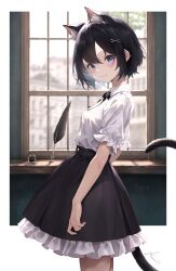 1girl amanun animal_ear_fluff animal_ears black_hair black_skirt blue_eyes breasts cat_ears cat_girl cat_tail extra_ears frilled_skirt frills highres inkwell looking_at_viewer medium_breasts original quill shirt short_hair short_sleeves skirt smile solo standing tail white_shirt window