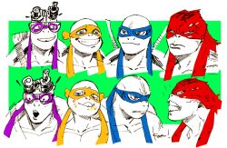 4boys bad_id bad_tumblr_id clenched_teeth donatello_(tmnt) eye_mask green_background kotteri leonardo_(tmnt) looking_at_another looking_at_viewer looking_down michelangelo_(tmnt) multiple_boys raphael_(tmnt) simple_background smile teenage_mutant_ninja_turtles teenage_mutant_ninja_turtles_(2014) teeth tongue tongue_out