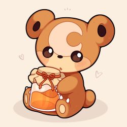 Rule 34 | :o, absurdres, animal focus, baby animal, bear, blush, bright pupils, claws, facial mark, forehead mark, gen 2 pokemon, heart, highres, holding, holding jar, honey, jar, looking down, nintendo, no humans, pokemon, pokemon (creature), sevi (seviyummy), simple background, sitting, tail, teddiursa, white pupils