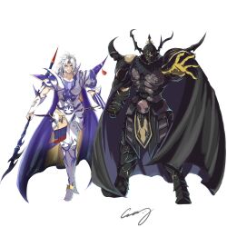 2boys armor black_cape black_footwear blue_cape blue_shirt breastplate cape cecil_harvey crazy02oekaki fake_horns final_fantasy final_fantasy_iv full_armor full_body golbez helmet highres holding holding_polearm holding_weapon horned_helmet horns male_focus medium_hair multiple_boys outstretched_hand parted_bangs polearm shirt shoulder_spikes signature spikes spoilers tassel weapon white_background white_hair