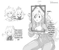 Rule 34 | 1boy, 3girls, aether (genshin impact), ahoge, anger vein, artist name, bodysuit, citlali (genshin impact), closed eyes, collar, commentary, earrings, english commentary, english text, genshin impact, greyscale, hair between eyes, highres, jewelry, long hair, mavuika (genshin impact), monochrome, multiple girls, nerozero, open mouth, paimon (genshin impact), picture frame, pout, short hair, smile, sweat