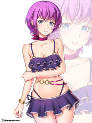 Rule 34 | 1girl, bikini, blue eyes, blush, bracelet, breasts, cleavage, commission, etchimune, fire emblem, fire emblem: new mystery of the emblem, frilled bikini, frills, holding own arm, jewelry, katarina (fire emblem), looking at viewer, medium breasts, navel, nervous, nintendo, purple bikini, purple hair, short hair, solo, swimsuit, zoom layer