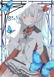Rule 34 | 1girl, 9ra4ki33, absurdres, ahoge, akizuki kanna, black cape, black shirt, black thighhighs, blue butterfly, blurry, blush stickers, bow, bowtie, bug, butterfly, cafe stella to shinigami no chou, cape, closed mouth, collared shirt, colored eyelashes, commentary request, cowboy shot, depth of field, frilled skirt, frills, grey hair, grey ribbon, hair ribbon, hand up, highres, holding, holding weapon, insect, jacket, long hair, long sleeves, miniskirt, one side up, red bow, red bowtie, red cape, red eyes, red ribbon, ribbon, shirt, simple background, skirt, smile, solo, thighhighs, two-sided cape, two-sided fabric, very long hair, weapon, white background, white jacket, white skirt, zettai ryouiki