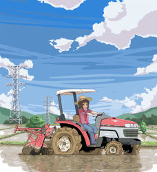 00s 1girl :d amami_haruka brown_hair cloud day farm female_focus gloves green_eyes hair_ribbon hat idolmaster idolmaster_(classic) kozou_(rifa) mud open_mouth power_lines ribbon rice_paddy scenery short_hair sky sleeves_rolled_up smile solo tractor vehicle yamaha