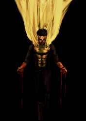 1boy absurdres black_background black_bodysuit black_hair blood blood_drip blood_on_clothes blood_on_face blood_on_hands bodysuit cape commentary crain1art expressionless highres invincible_(series) male_focus mark_grayson short_hair sinister_mark solo superhero_costume yellow_bodysuit yellow_cape