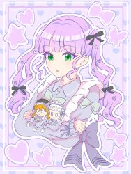 0_0 3girls :o absurdres aqua_bow aqua_bowtie araha arashi_chisato blunt_bangs bow bowtie chibi closed_mouth collared_shirt commentary cropped_torso green_eyes grey_shirt hair_ornament heart heart_background heart_hair_ornament highres long_hair love_live! love_live!_superstar!! mini_person minigirl multiple_girls official_alternate_costume official_alternate_hairstyle open_mouth orange_hair outline purple_background purple_bow purple_hair shibuya_kanon shirt star_(symbol) twintails wavy_hair white_hair white_outline wien_margarete yume_kawaii