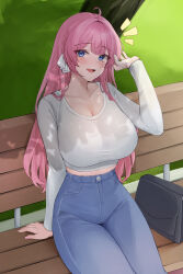 1girl absurdres ahoge arm_support bag bench benedia black_bag blue_eyes blue_pants blush braid breasts cleavage collarbone commentary_request denim hand_in_own_hair hand_up handbag high-waist_pants highres jeans large_breasts long_hair long_sleeves looking_at_viewer nail_polish notice_lines on_bench open_mouth original outdoors pants park_bench pink_hair pink_nails see-through_cleavage see-through_clothes shirt side_braid sitting smile solo sweat white_shirt