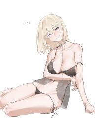 1girl absurdres bikini blonde_hair blush breasts chain choker earrings highres jewelry large_breasts lu_bian_de_yecao_zai_changge medium_hair misumi_uika naughty_face nipple_slip nipples purple_eyes see-through_clothes sexually_suggestive side-tie_bikini_bottom simple_background swimsuit underwear underwear_only white_background