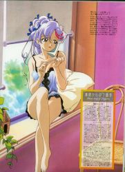 1990s_(style) 1girl aikawa_akane bare_legs barefoot breasts brown_eyes cleavage collarbone cradling_phone crossed_legs day female_focus hair_ribbon highres holding holding_phone indoors itou_ikuko long_hair mahou_tsukai_tai! nail_file nightgown official_art phone retro_artstyle ribbon scan sitting solo white_hair