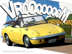 1girl ahoge animal_ears artist_name balladeluce black_hair car character_name driving english_text flower highres horse_ears horse_girl horse_tail long_hair lotus_elan manhattan_cafe_(umamusume) motor_vehicle outdoors shirt smile solo sunflower tail umamusume very_long_hair white_shirt yellow_car yellow_eyes