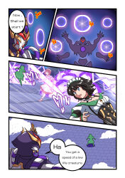 Rule 34 | 1girl, absurdres, atawatsho, black hair, blue eyes, comic, commentary, english commentary, english text, fleeing, genshin impact, hair between eyes, highres, katheryne (genshin impact), mecha, robot, scaramouche (genshin impact), scaramouche (kabukimono) (genshin impact), short hair, sidelocks, speech bubble