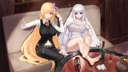 2girls absurdres alcohol barefoot black_eyes blonde_hair bottle cup drinking_glass feet hair_over_one_eye hairband hand_on_own_knee highres light_smile long_hair looking_at_viewer multiple_girls panties pantyshot parted_lips red_eyes semicolon9991 soles toes underwear white_hair wine wine_bottle wine_glass