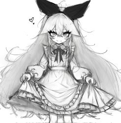 Rule 34 | apron, arisu liddellvt, black bow, black ribbon, bow, closed mouth, collared shirt, dress, frilled dress, frilled sleeves, frills, heart, highres, holding, long eyelashes, long hair, long sleeves, looking at viewer, messy hair, original, ribbon, shirt, skirt hold, smile, spoken heart, waist apron, white apron, white background, white hair, white shirt